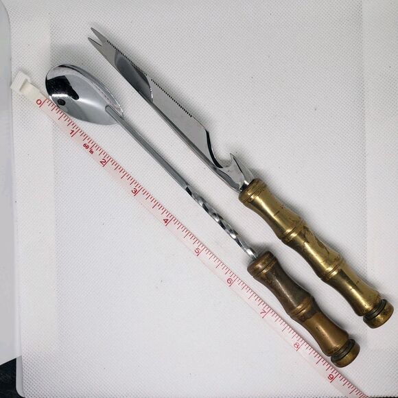 Vintage BAR / BARTENDERS Knife Bottle Opener Sheffield Spoon Brass Bamboo Handle - Picture 6 of 6